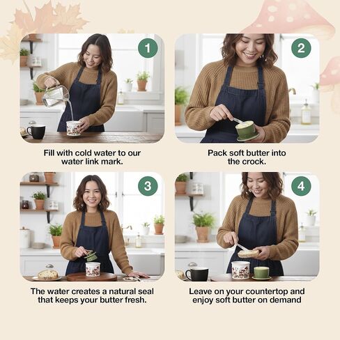 وعاء زبدة الفطر من فانجي فن، طبق زبدة فرنسية من السيراميك مع غطاء للسطح، ملحقات مطبخ الفطر المزخرفة وديكور المطبخ، حاوية سيراميك محكمة الغلق وحافظة باللون الأبيض والأحمر والأخضر in Kuwait