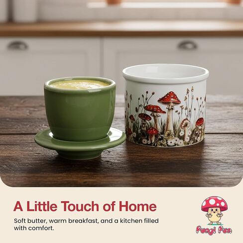 وعاء زبدة الفطر من فانجي فن، طبق زبدة فرنسية من السيراميك مع غطاء للسطح، ملحقات مطبخ الفطر المزخرفة وديكور المطبخ، حاوية سيراميك محكمة الغلق وحافظة باللون الأبيض والأحمر والأخضر in Kuwait