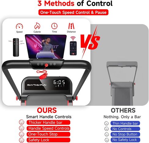 جهاز مشي RHYTHM FUN مزود بميل، وسادة مشي مع شريط مقبض، وسادة مشي بوزن 300 رطل مع تطبيق، أجهزة مشي محمولة قابلة للطي للمنزل/المكتب مع ضوضاء منخفضة in Kuwait