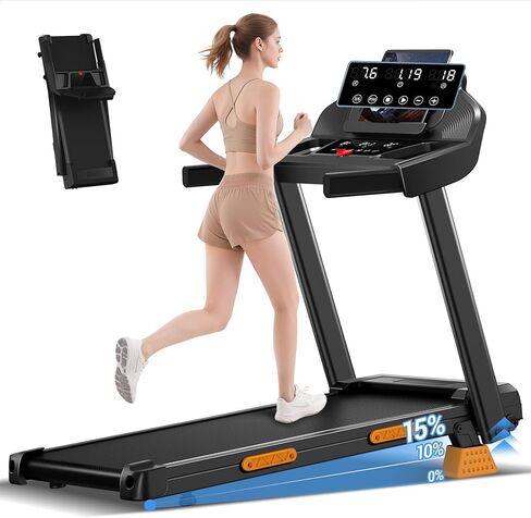 15% Incline Treadmills for Home, 3.0HP Folding Treadmill with 400LBS Weight Capacity, Portable Treadmill with Handrails, 3 LED Displays in Kuwait