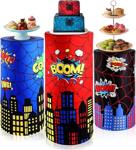 3 Sets Spandex Cylinder Stand Covers Cake Pedestal Cover Dessert Table Gift Display Round Cylinder Stand Covers for Birthday Party Baby Shower Backdrop Wedding Props Decor, Spiderweb Red Blue in Saudi Arabia