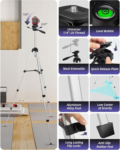 55 inch Aluminum Laser Level Tripod with Green Bubble Level, Lightweight Quick Release Plate, 1/4"-20 Screw, 3D Pan Head for Laser Line Leveling, Silver in Kuwait