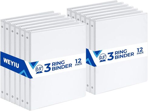 3 Ring Binder with 2 Interior Pockets, Heavy Duty Round Ring Binder Holds 200 Sheets of US Letter Size 8.5'' x 11'' Paper for Office/Home/School 12-Pack (White, 0.5 inch) in Saudi Arabia