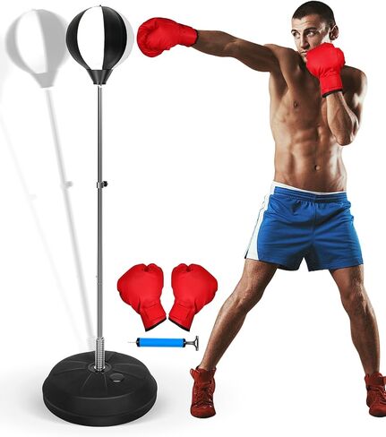 47-59IN Fitness Reflex Bag,Speed Ball Stand Punching Bag with Gloves, Boxing Bag for Adults and Teens, Great for Gifts MMA Training(Black White) in Saudi Arabia