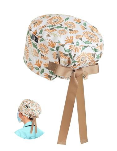 Floral Scrub Caps for Women and Men with Buttons, Yellow European Style Working Hat, Adjustable Head Cover for Long or Short Hair in Saudi Arabia