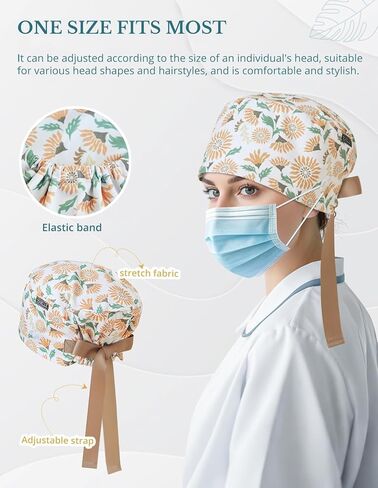 Floral Scrub Caps for Women and Men with Buttons, Yellow European Style Working Hat, Adjustable Head Cover for Long or Short Hair in Saudi Arabia