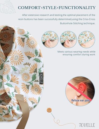 Floral Scrub Caps for Women and Men with Buttons, Yellow European Style Working Hat, Adjustable Head Cover for Long or Short Hair in Saudi Arabia