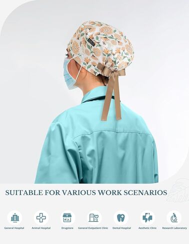 Floral Scrub Caps for Women and Men with Buttons, Yellow European Style Working Hat, Adjustable Head Cover for Long or Short Hair in Saudi Arabia