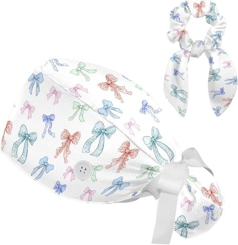 قبعات فرك للنساء على شكل ذيل حصان، قبعات جراحية مع ربطة شعر منتفخة، قبعات فرك قابلة للتعديل للشعر الطويل للممرضات، أقواس باستيل، قوس سلس جميل لطيف ملون متعدد الألوان in Kuwait