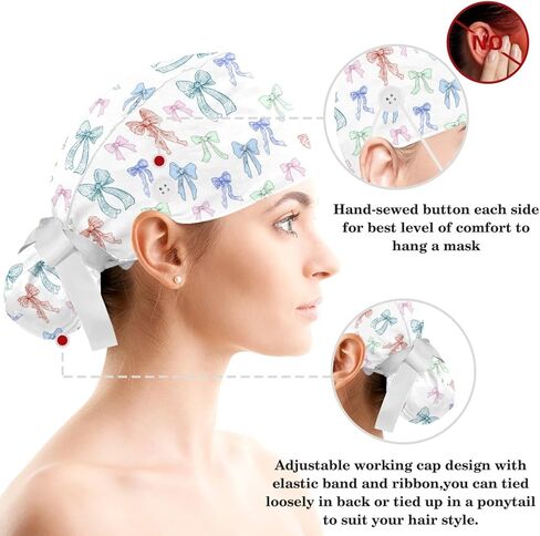 قبعات فرك للنساء على شكل ذيل حصان، قبعات جراحية مع ربطة شعر منتفخة، قبعات فرك قابلة للتعديل للشعر الطويل للممرضات، أقواس باستيل، قوس سلس جميل لطيف ملون متعدد الألوان in Kuwait