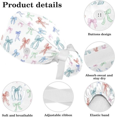 قبعات فرك للنساء على شكل ذيل حصان، قبعات جراحية مع ربطة شعر منتفخة، قبعات فرك قابلة للتعديل للشعر الطويل للممرضات، أقواس باستيل، قوس سلس جميل لطيف ملون متعدد الألوان in Kuwait