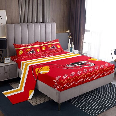 Feelyou American Football Bed Sheets Set Queen Size Kansas Bed Set for Kids Boys Girls Football City Gift Deep Pocket Fitted Sheet Breathable Soft Lightweight Microfiber in Saudi Arabia