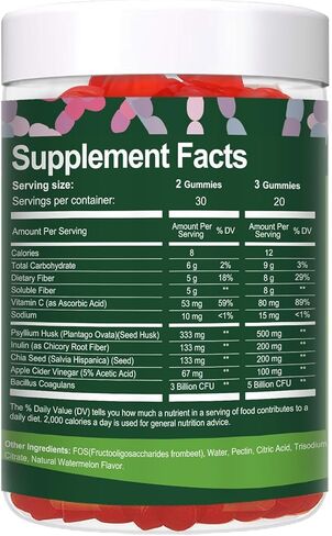 9-in-1 Probiotic Prebiotic Fiber Gummies for Adults Teens, Fiber Supplement Pro with 5 Billion CFU Bacillus Coagulans, Psyllium Husk, FOS, Inulin, ACV for Digestion & Gut, 60 Vegan Watermelon Gummies in Kuwait