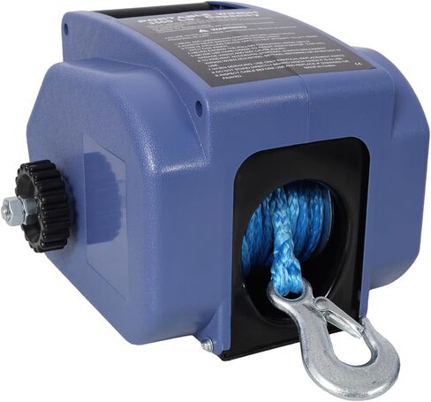 Trailer Winch, Reversible Electric Winch, for Boats up to 6000 lbs, with Synthetic Rope, Extra Pulley Hook, Power in and Out, Manual Function, Blue Plastic Casing in Saudi Arabia
