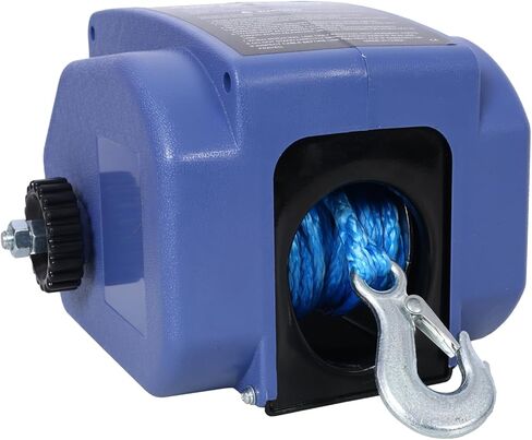 Trailer Winch, Reversible Electric Winch, for Boats up to 6000 lbs, with Synthetic Rope, Extra Pulley Hook, Power in and Out, Manual Function, Blue Plastic Casing in Saudi Arabia