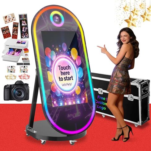 كشك صور Magic Mirror مع الكاميرا والطابعة ， 60 "كشك صور مرآة بيضاوية مع 32 بوصة شاشة تعمل باللمس المدمج في جهاز كمبيوتر صغير ومشاركة ، والتحكم عن بُعد RBG Light for Party (Black) in Kuwait