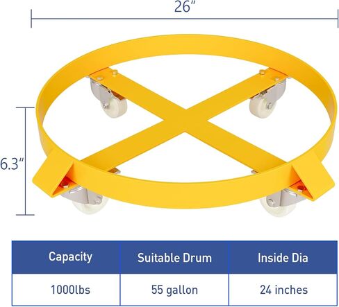 55 Gallon Drum Dolly, 1000 LB Capacity, Heavy Duty Steel Barrel Dolly with 4 Wheels, Industrial Oil Drum Cart for Warehouse Shop Factory, Yellow in Saudi Arabia