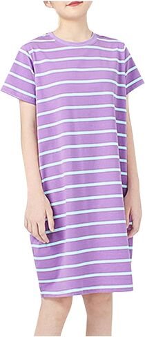 Girls Nightgown Striped Pajamas Dress Short Sleeve Summer Sleepwear Comfy Nightdress Loose Casual Sleep Dresses in Saudi Arabia
