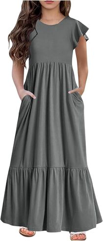 Girls Maxi Dress Long Summer Dresses Casual Sundress A Line Pleated Dress Formal Party Dress with Pockets 6-12 Years in Saudi Arabia