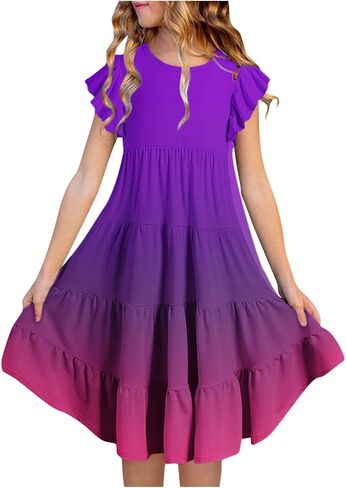 Tween Girls Summer Dress Short Sleeve Sundress Flowy Maxi Dresses A Line Pleated Party Dress Casual Dress 6-15 Years in Saudi Arabia