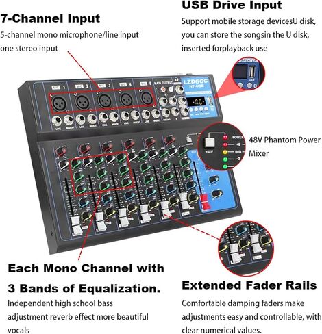 7 Channel Professional Audio Mixer, Bluetooth Portable Audio Mixer Board, USB Sound Mixing Console With 48v Phantom Power, Sound Board, DJ mixers for Live Show Streaming Recording Music Stage Karaoke in Kuwait
