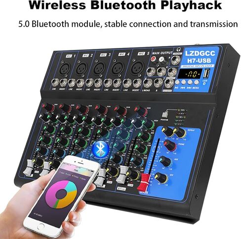 7 Channel Professional Audio Mixer, Bluetooth Portable Audio Mixer Board, USB Sound Mixing Console With 48v Phantom Power, Sound Board, DJ mixers for Live Show Streaming Recording Music Stage Karaoke in Kuwait