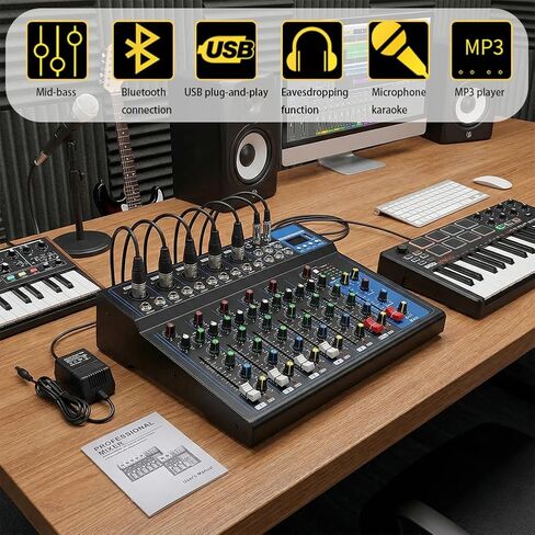 7 Channel Professional Audio Mixer, Bluetooth Portable Audio Mixer Board, USB Sound Mixing Console With 48v Phantom Power, Sound Board, DJ mixers for Live Show Streaming Recording Music Stage Karaoke in Kuwait