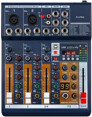 4 قنوات احترافية لخلاط الصوت 99DSP بلوتوث يو القرص 48 فولت مصدر طاقة فانتوم تسجيل USB، خلاط دي جي، مناسب للمبتدئين البث المباشر in Kuwait