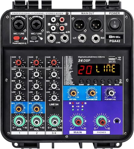 خلاط يعمل بالطاقة W IN-MIX بقدرة 150 وات × 2 مع 4 قنوات وبلوتوث وتشغيل USB/MP3 وطاقة فانتوم 48 فولت للكاريوكي والدي جي والاستوديو المنزلي والصوت المباشر in Kuwait