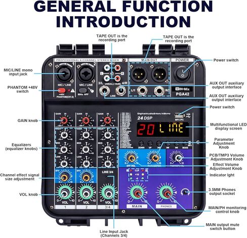خلاط يعمل بالطاقة W IN-MIX بقدرة 150 وات × 2 مع 4 قنوات وبلوتوث وتشغيل USB/MP3 وطاقة فانتوم 48 فولت للكاريوكي والدي جي والاستوديو المنزلي والصوت المباشر in Kuwait