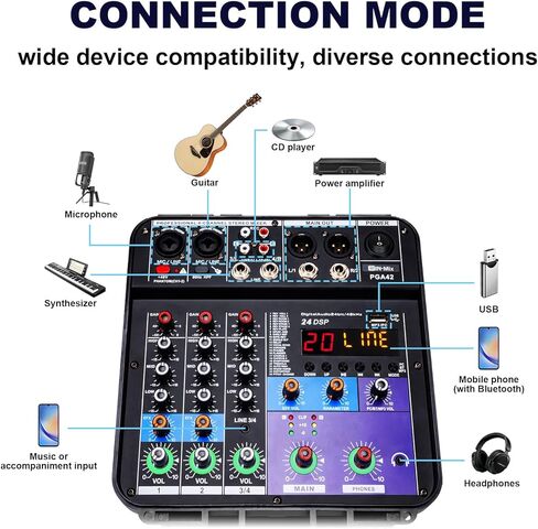 خلاط يعمل بالطاقة W IN-MIX بقدرة 150 وات × 2 مع 4 قنوات وبلوتوث وتشغيل USB/MP3 وطاقة فانتوم 48 فولت للكاريوكي والدي جي والاستوديو المنزلي والصوت المباشر in Kuwait