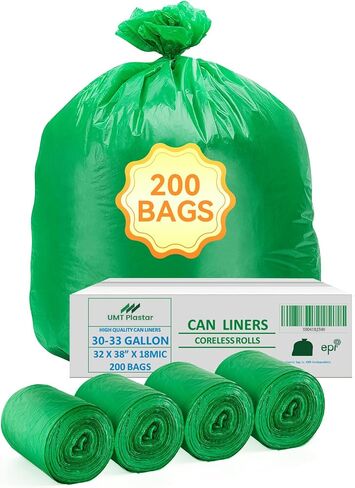 UMT Plastar 200 Count Compostable Trash Bags 30-33 Gallon, 32 x 38 Inch Biodegradable Garbage Bags 18 Micron, Green Eco Friendly Kitchen & Household Trash Bags in Kuwait