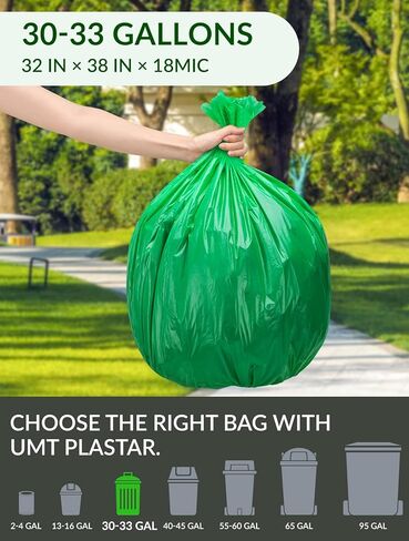 UMT Plastar 200 Count Compostable Trash Bags 30-33 Gallon, 32 x 38 Inch Biodegradable Garbage Bags 18 Micron, Green Eco Friendly Kitchen & Household Trash Bags in Kuwait