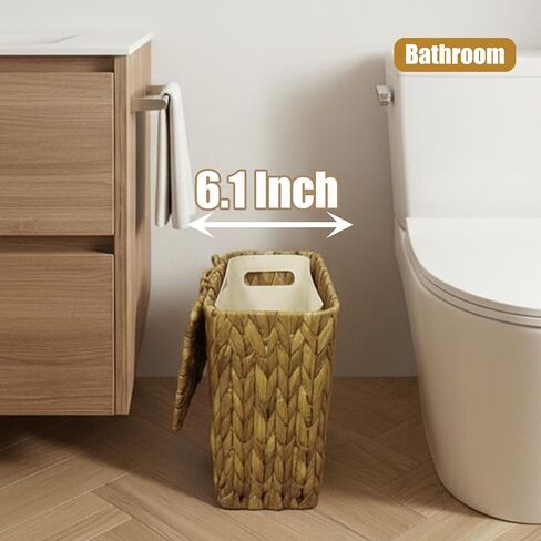 Yatmung Wicker Trash Can Small Bathroom Trash Can with Lid - Boho Waste Basket for Bedroom, Living Room, Office - Natural Water Hyacinth - Narrow Garbage Can with Removable Liner in Kuwait