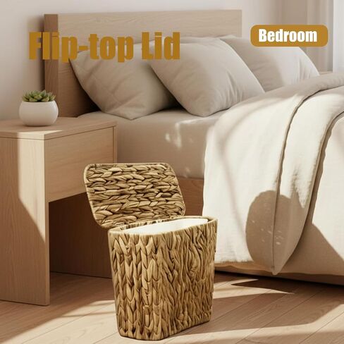 Yatmung Wicker Trash Can Small Bathroom Trash Can with Lid - Boho Waste Basket for Bedroom, Living Room, Office - Natural Water Hyacinth - Narrow Garbage Can with Removable Liner in Kuwait