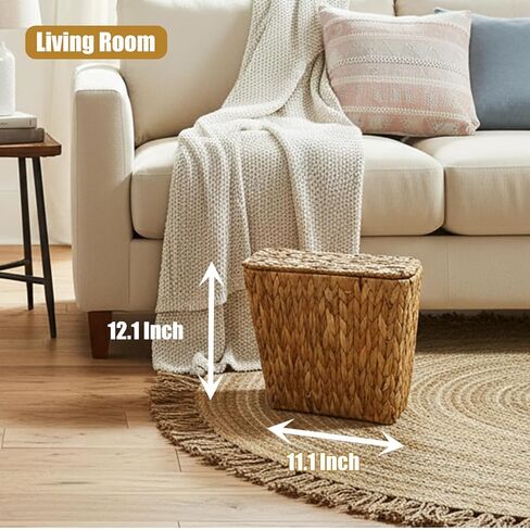 Yatmung Wicker Trash Can Small Bathroom Trash Can with Lid - Boho Waste Basket for Bedroom, Living Room, Office - Natural Water Hyacinth - Narrow Garbage Can with Removable Liner in Kuwait