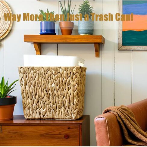 Yatmung Wicker Trash Can Small Bathroom Trash Can with Lid - Boho Waste Basket for Bedroom, Living Room, Office - Natural Water Hyacinth - Narrow Garbage Can with Removable Liner in Kuwait