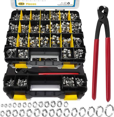 383PCS 28 Sizes Single Ear Hose Clamps, 304 Stainless Steel Ear Clamps, 5.3-33.1mm Stepless Adjustable Cinch Clamps for Automotive, Home Appliance Line and Plumbing, Double Sided Organizer in Saudi Arabia