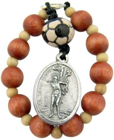 One Decade Wood Rosary with Saint Sebastian Medal Bag Clip for Soccer Athlete in Saudi Arabia