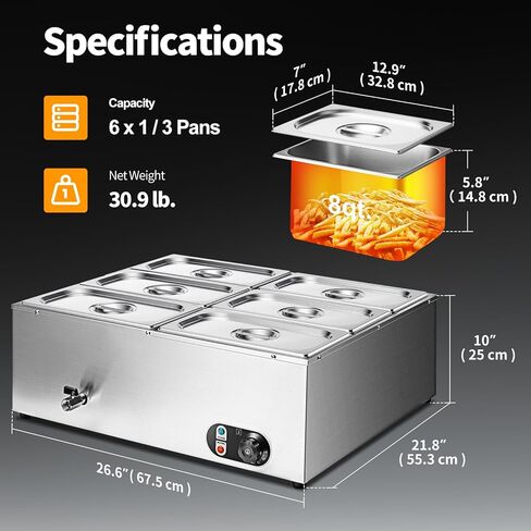 Commercial Food Warmer 48 Qt Stainless Steel Steam Table Countertop Buffet Warmer, 6-Pan 1500W Electric Bain Marie Food Warmer with Adjustable Temperature for Restaurants, Catering, Hotels in Saudi Arabia