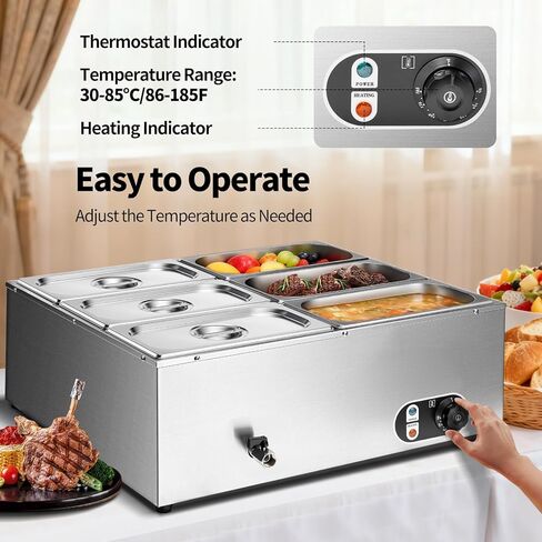 Commercial Food Warmer 48 Qt Stainless Steel Steam Table Countertop Buffet Warmer, 6-Pan 1500W Electric Bain Marie Food Warmer with Adjustable Temperature for Restaurants, Catering, Hotels in Saudi Arabia