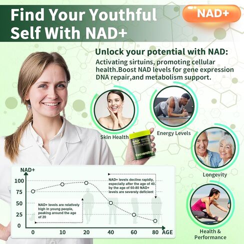 مكمل NAD، ليبوسومال نيكوتيناميد ريبوسيد ريسفيراترول 250 مجم، بديل NMN، مكمل NAD عالي النقاء للنساء والرجال، مضاد للشيخوخة، طاقة خلوية، تركيز عقلي - 60 كبسولة in Kuwait