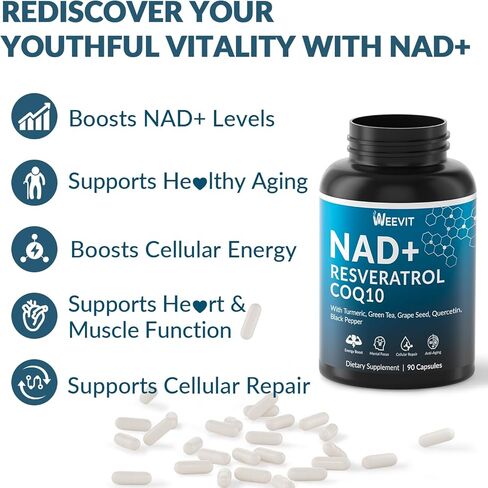 WEEVIT NAD+ Resveratrol Supplement with COQ10, Quercetin, Turmeric, NAD+ Supplement for Men and Women - Energy, Focus & Anti-Aging Support - Gluten Free, Non-GMO in Kuwait