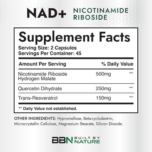مكمل NAD من صنع الطبيعة - مكمل NAD+ مع نيكوتيناميد ريبوسيد 500 مجم، كيرسيتين وترانس ريسفيراترول - مكمل NAD Plus/NR - مكمل NAD ريسفيراترول للنساء والرجال - 90 كبسولة in Saudi Arabia