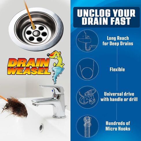 أداة إزالة انسداد الشعر من FlexiSnake Drain Weasel PowerSnake - مثقاب ثعبان السباكة لتنظيف الدش، وحوض الاستحمام، والحمام مع موصل الحفر، ومقبض دوار و3 عصا، بطول 91.44 سم، صنع في الولايات المتحدة الأمريكية in Kuwait