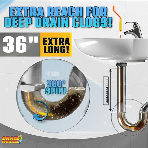 أداة إزالة انسداد الشعر من FlexiSnake Drain Weasel PowerSnake - مثقاب ثعبان السباكة لتنظيف الدش، وحوض الاستحمام، والحمام مع موصل الحفر، ومقبض دوار و3 عصا، بطول 91.44 سم، صنع في الولايات المتحدة الأمريكية in Kuwait