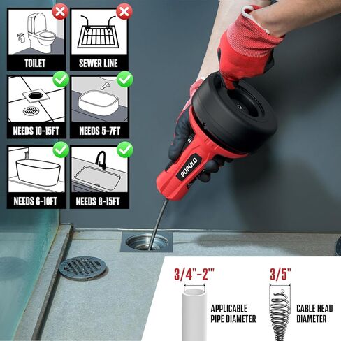 POPULO تغذية تلقائية 17FT استنزاف ثعبان اوجير لأنابيب 3/4 "-2"، السباكة استنزاف ثعبان اوجير مع محول الحفر، بالوعة مزيل الشعر استنزاف الثعبان للمطبخ والحمام وحوض الاستحمام، PMDA-5 in Kuwait