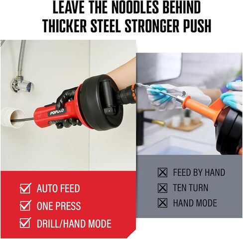 POPULO تغذية تلقائية 17FT استنزاف ثعبان اوجير لأنابيب 3/4 "-2"، السباكة استنزاف ثعبان اوجير مع محول الحفر، بالوعة مزيل الشعر استنزاف الثعبان للمطبخ والحمام وحوض الاستحمام، PMDA-5 in Kuwait