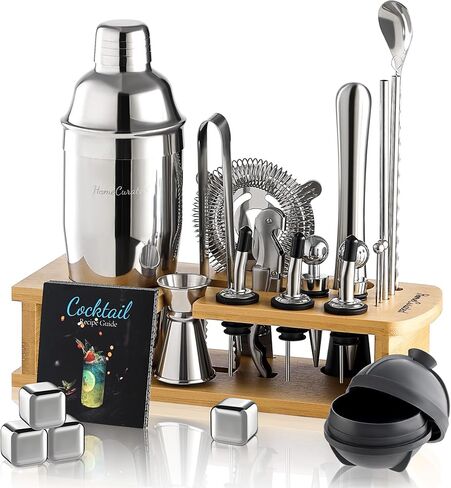Cocktail Shaker Set,24-Piece Bar Bartender Kit with Stand,Martini Shaker,Jigger,Strainer,Mixer Spoon,Muddler,Liquor Pourers,Tongs,Opener,LCE Ball Mold&LCE Cubes,Bottle Stoppers|Silver in Saudi Arabia