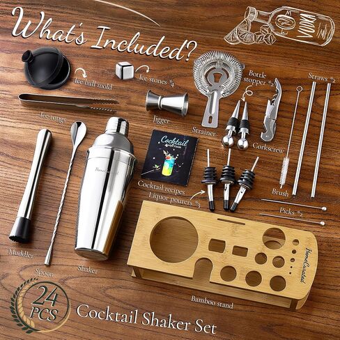 Cocktail Shaker Set,24-Piece Bar Bartender Kit with Stand,Martini Shaker,Jigger,Strainer,Mixer Spoon,Muddler,Liquor Pourers,Tongs,Opener,LCE Ball Mold&LCE Cubes,Bottle Stoppers|Silver in Saudi Arabia